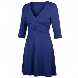 EXPRESS Ruched Ruffled Dress Navy V-Neck Puffed 3/4 Sleeve Knee Length Size L